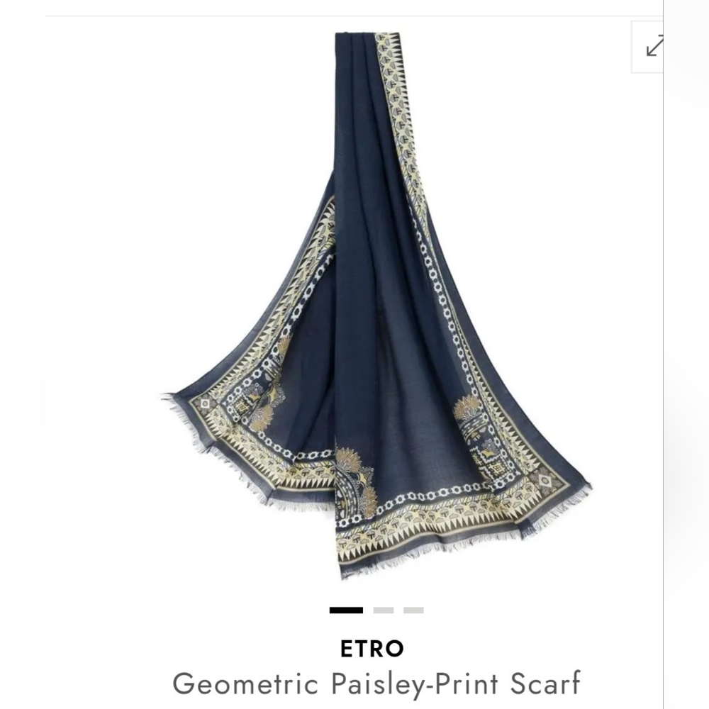 Large ETRO Navy Blue/ Gold Paisley- Geometric Print Wool/Silk Blend Scarf Wrap